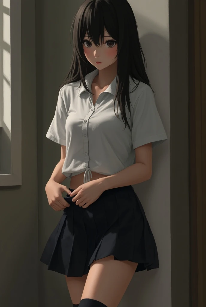 High resolution, Highest quality, super high quality, Very detailed, 8K、(underwear:1.2)、、Embarrassing、Sweaty、Sweat、Embarrassing、(masterpiece:1.2, Highest quality), (Realistic, photoRealistic:1.4), Beautiful illustrations, (Natural Side Lighting, Cinema Lighting), View your audience, whole body, 1 Girl, Japanese, high school girl, Perfect Face, Cute and symmetrical face, Shiny skin, Baby Face, (short hair, Low Twintails,Black Hair), Hair between the eyes, black eye, Big eyes, Droopy eyes, (Center of chest, Captivating thighs, Big Ass)、
