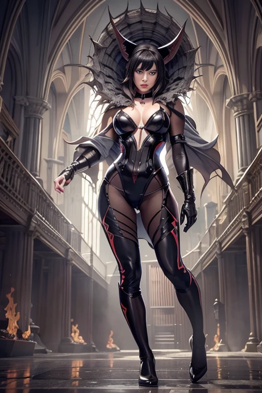 Lisa Ann ultra-detailed: The Empress of Darkness, Background to the destruction of hell, diabolique, insidieux, invincible, couronne sombre, Evil queen, Robe noire et rouge, demon wings dans le dos, Demon horn, Realistic detailed eyes,  Shaded illustration of a high-quality cell in hell, corps entier, pose dynamique, anatomie parfaite, centered, Freedom, soul, Approche de la perfection, Ombrage de cellule, 8k , Cinematic dramatic atmosphere, Illumination globale, detailed and intricate environment, ArtStation, Art conceptuel, mise au point fluide et nette, volumeric lighting, lighting cinematic