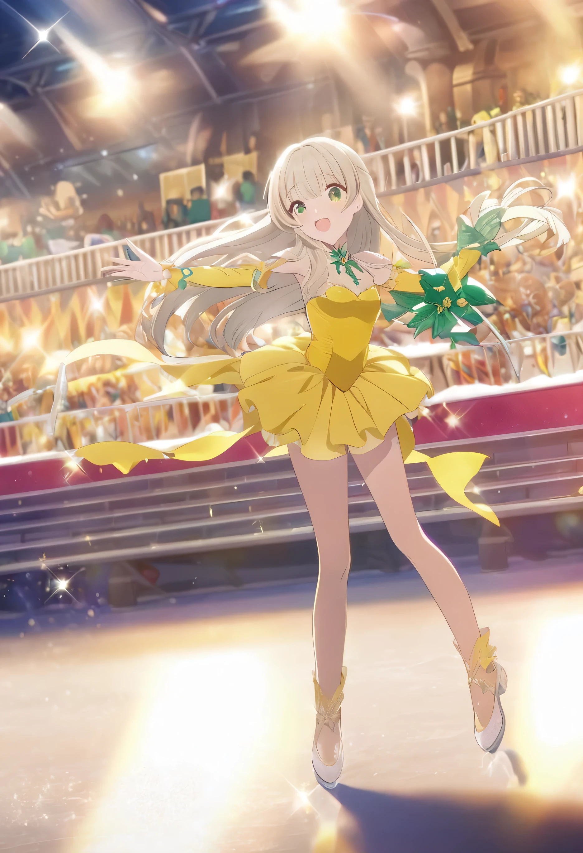 Best Quality、8k、Representative Works:1.3、 girl、1 person、1 personで、 petite and glamorous body 、curve、cute、 she smiles happily 、 Beautiful Platinum Blonde Long Hair、 Beautiful Emerald Green Eyes 、Figure Skating Competition 、 Lemon Yellow Costume 、 Determine Figure Skating Skills ,