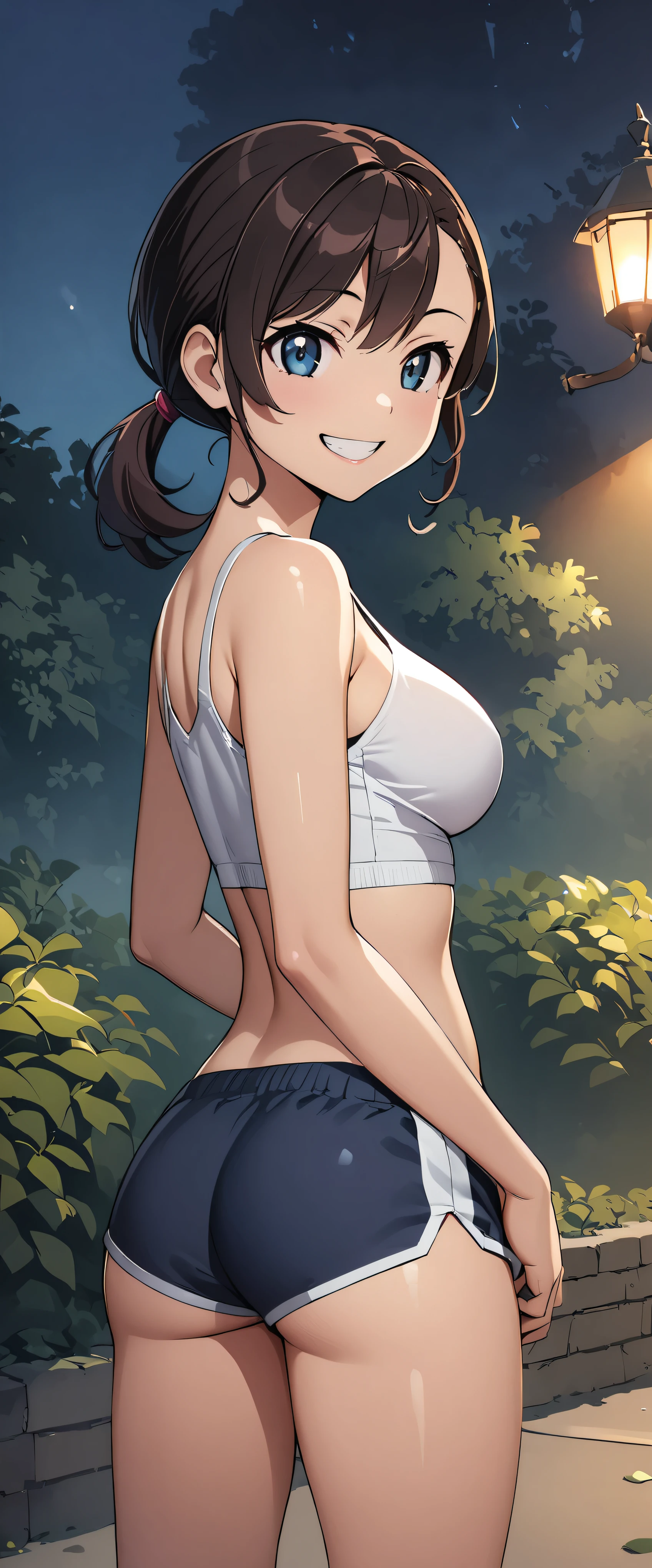 (((masterpiece)))、((Best Quality))、(Ultra-detailed)、(CG illustration)、( Very Beautiful Girl))、 cinematic light 、((1 Girl))、 、(Beautiful and luxurious:1.2)、( 1 girl:1.3),garden,,,,(Shiny short sports bra,Micro Shorts)),smile,teeth,Fits perfectly against the skin, skinny,Big Breasts, looking back and looking back , ponytail,( see-through )