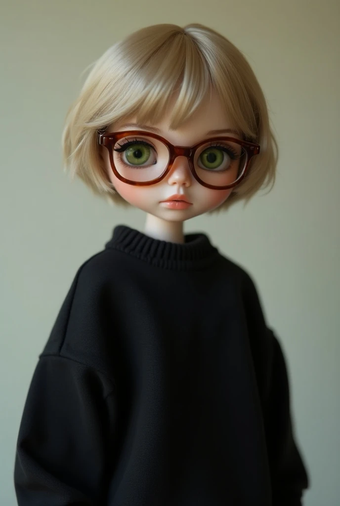 pale blythe doll, with short neck-length brown Wolf cut style hair without bangs and brown eyes with glasses