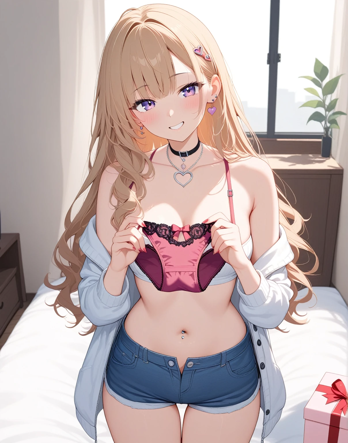 masterpiece, {{{{Highest quality}}}}, beautiful,NSFW,1 girl, blonde_hair, cat ears(blonde), cat tail(blonde) ,{{{underwear only}}}, {{{bow bra(salmon pink)}}},{{{bow panties(salmon pink)}}}, lace-trimmed bra(salmon pink), lace-trimmed panties(salmon pink), lace trim(black), a choker、