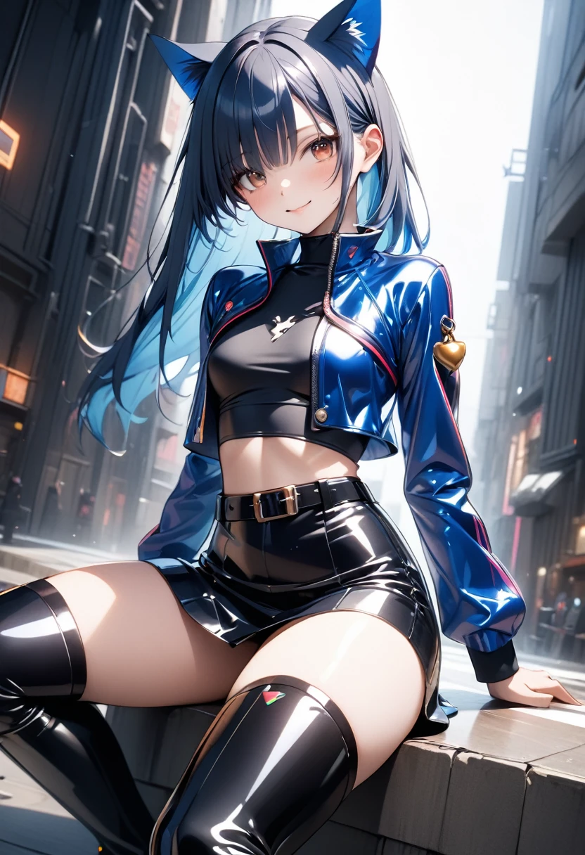 Evangelion Cockpit,Masterpiece portrait of a smiling Rei Ayanami (Evangelion), Evangelion (Hideaki), Caustics, High resolution illustration,14years, Red Eyes, Feminine, no pupils, Blue hair, Short hair, Very small breasts,Japan school uniform, lowfers, swpunk, Synth Wave, Paint splatters, shaded flat illustration, Digital Art, Trending on ArtStation, Highly detailed, Fine detail, Convoluted, Splatter, Outrun, Vaporware, neon color,undergarment,long boots