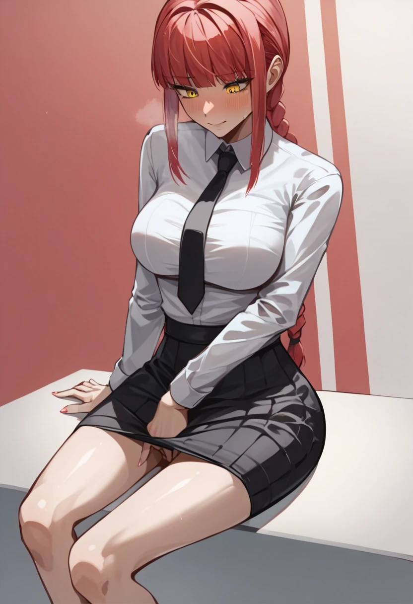 (Highest quality, High resolution), Fingering, ((solo)),((makima masturbation:1.4)), Large Breasts, Browsing Caution, Highly detailed background, makima, makimacm44, ringed yellow eyes, red long hair, bangs, white shirt, sidelocks, black pants, braided ponytail, black necktie, Red Hair, To the camera, Sitting, Bend your waist forward, To the camera足を向ける, (Obedient:1.1), Roll up your skirt, Testis,  (Makima:1.2), Detailed skin texture, (nsfw:1.5)