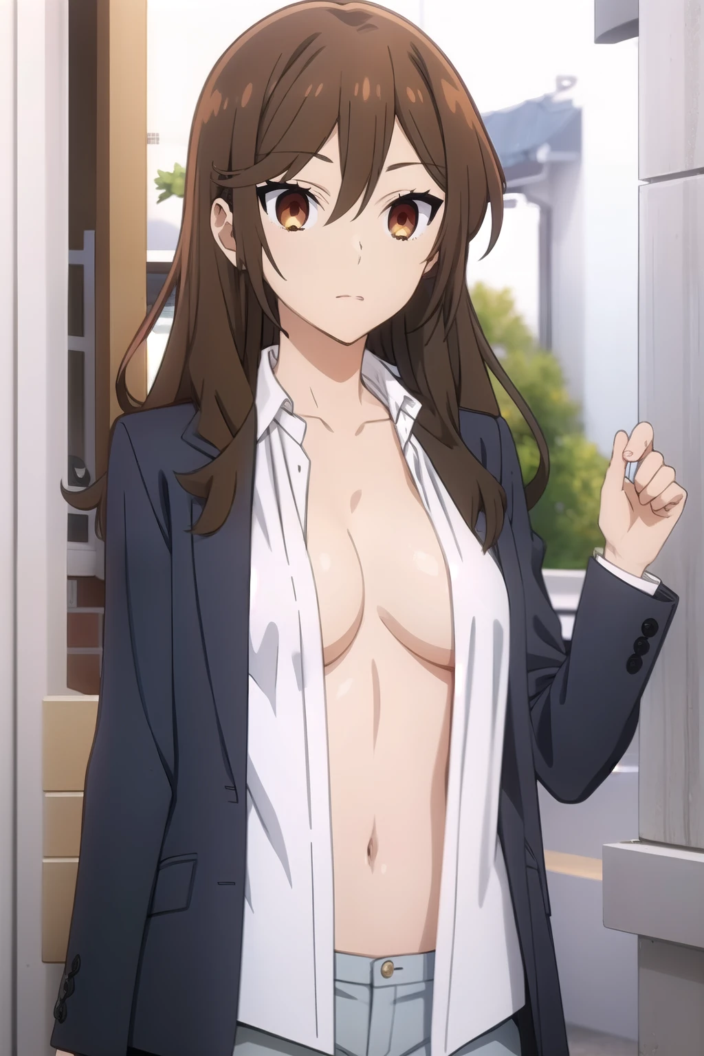 
Kyoukohori ,  Kyouko Hori , long hair,  brown eyes, castanho jacket,  hair between her eyes, open shirt showing breasts.