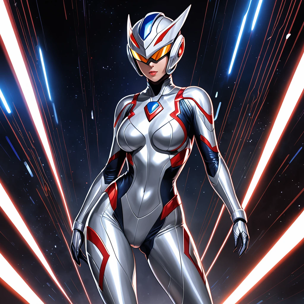 A female alien with a silver body and red and blue lines.、Large milky white eyes、Female Ultraman、Crouching with legs wide open
