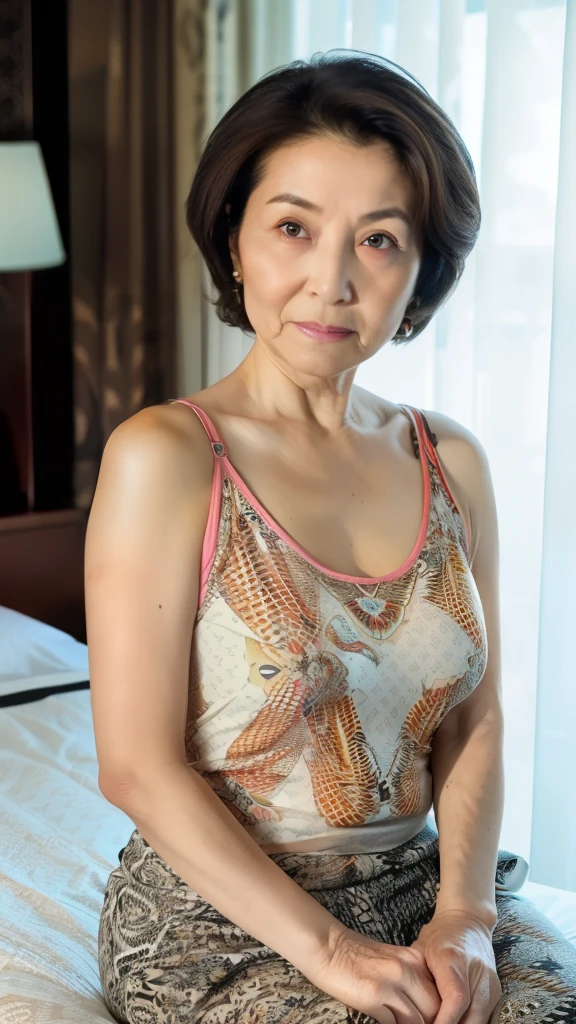 watercolor painting, Japanese mom milf, 50yo, straight black hair, nipples visible through chemise, sitting on bed