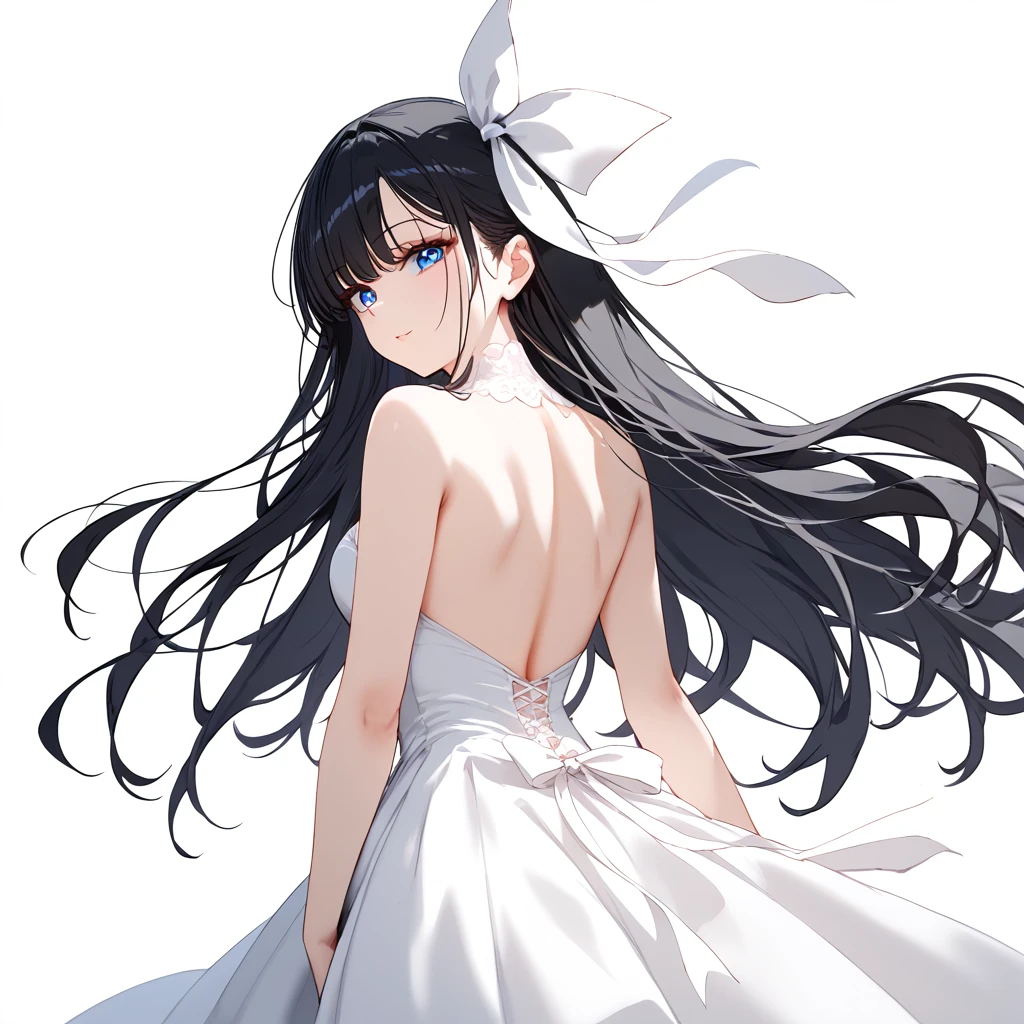 1 female,  black hair , Blue eyes,  Delicate face, beautiful,  white dress , standing,,  white dress , white background, bewitching thighs, back, Turn back, , about,  upper body, portrait, white ribbon, hair ribbon 