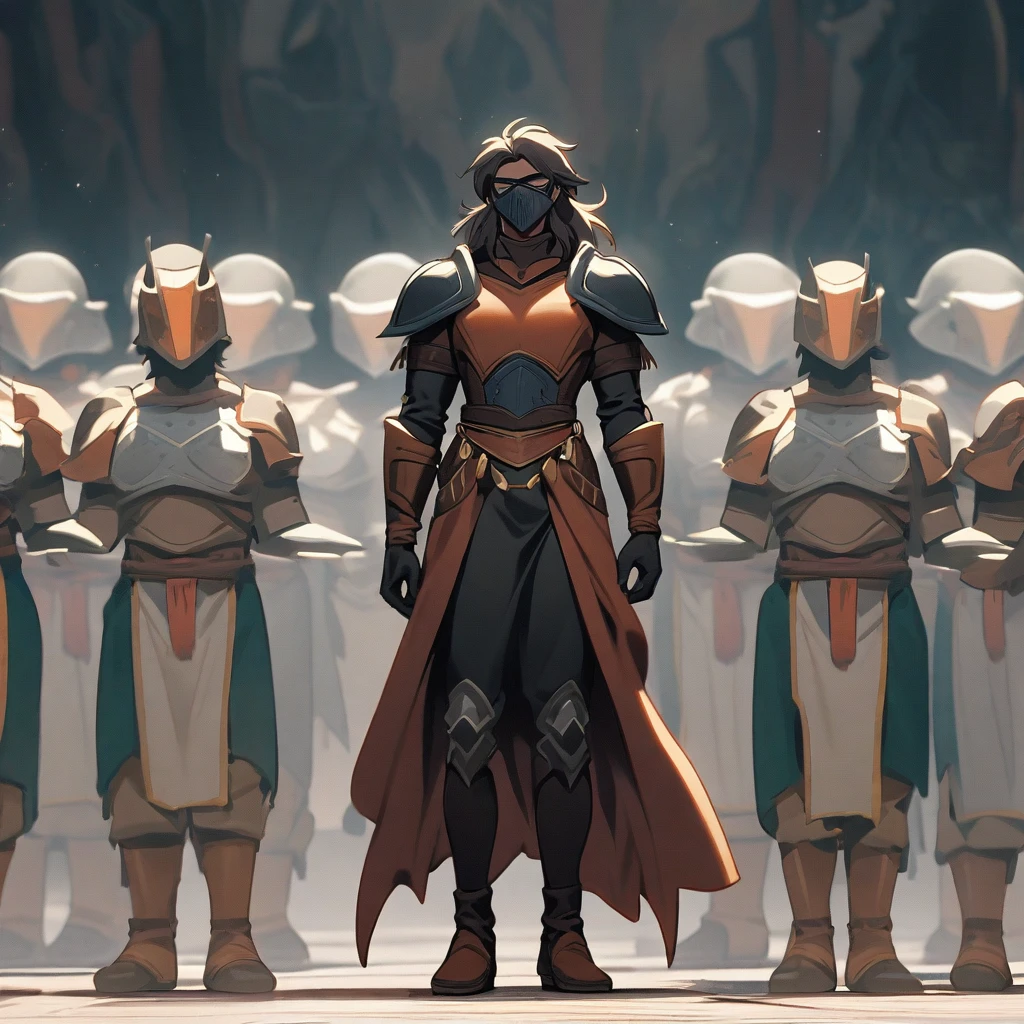 Male, bounty hunter, wearing concealing mask and armored traveling attire, fully clothed, fully in frame, standing at attention, arms at sides, lone figure, sole person, Shantae style, fantasy outfit, warrior clothes,