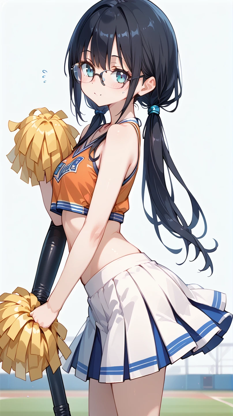 maternal smile, blushing, Pompones, uniform, crop top, midriff skirt, miniskirt, crop top overhang, clothes lift, large, sweat, thick thighs, (huge chest 1.5), cheerleader uniform, wet clothes, semi-transparent clothing, erect nipple under clothes, high ponytail, visible underwear, micro thong, (high thong), (standing on one leg), masterpiece, best quality, Very detailed