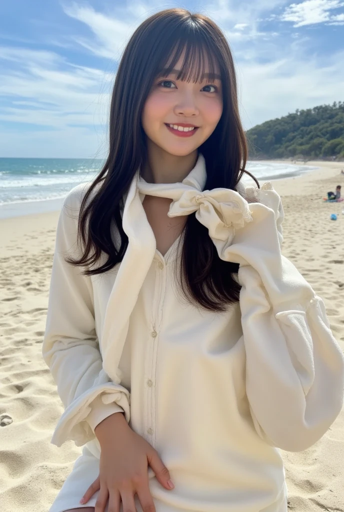 (8k、 RAW photos from the last century、Best Quality、masterpiece:1.2)、((smile、 swimsuit、 slender:1.2))、(Realistic、Realistic)、 1 girl、(( eyes meet、 beach ))
