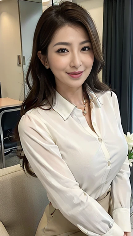 High resolution, High resolution, High detail, masterpiece, Rough skin, Anatomically correct, sharp, Simple room wallpaper background ((Japanese Mature, 45 years old)), alone, ((Facial wrinkles)), Shapely large breasts, Straight light brown hair that reaches the shoulders, Chubby body type, (((sit, Chair、Angle from below、Facing forward、Facing the center of the screen.))), Smile and look straight ahead, Spring blouse、Spring Skirt、Sexy Woman、Panties visible from under the skirt、Mouth round and slightly open、Spreading her legs、Skirt flip、The bottom of the bra is slightly visible