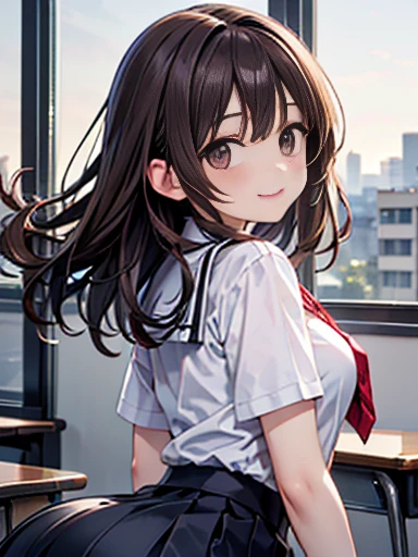 ((Tabletop, highest quality, High resolution, Hmph, Pixel Perfect, 4K, Hmph, Hmph))), One Girl, single, alone, beauty、The whole body is visible、 ((Mid-wave hair, bangs, Brown Hair)), ((Brown eyes, Beautiful eyelashes, Realistic eyes)), ((Detailed face, Blushing:1.2)), ((Smooth texture:0.75, Realistic texture:0.65, Realistic:1.1, Anime CG Style)), Mid-chest, Dynamic Angle, Perfect body, ((Red bow tie, , , White shirt, Black plaid skirt)), classroom、Looking up from below、Very embarrassing panic smile, 、、(The wind flipped up her skirt, Exposing your buttocks....................、Flip up your skirt with both hands、Her white and pink floral lace panties are completely visible)、My whole body is wet