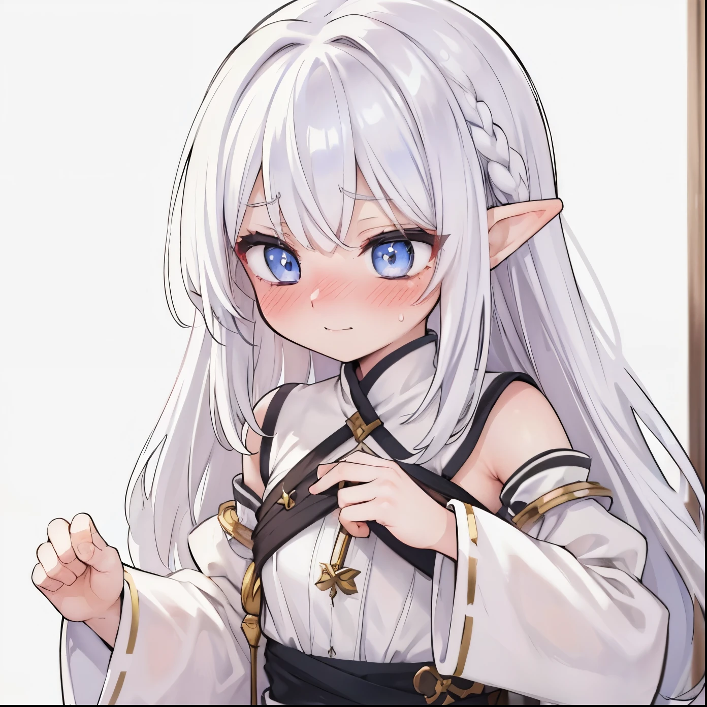 8K,(masterpiece),high resolution,best quality,(ultra-detailed),ultra detailed eyes,girl is elf,(hair color is white:1.7),BREAK,(light smile,earth eyes,long hair,elf ear,fair skin),(wear fantasy wide sleeves,short pants:1.2),(blush,embarrassed,aroused:1.4),(from front,focus face,white background),parted lips
