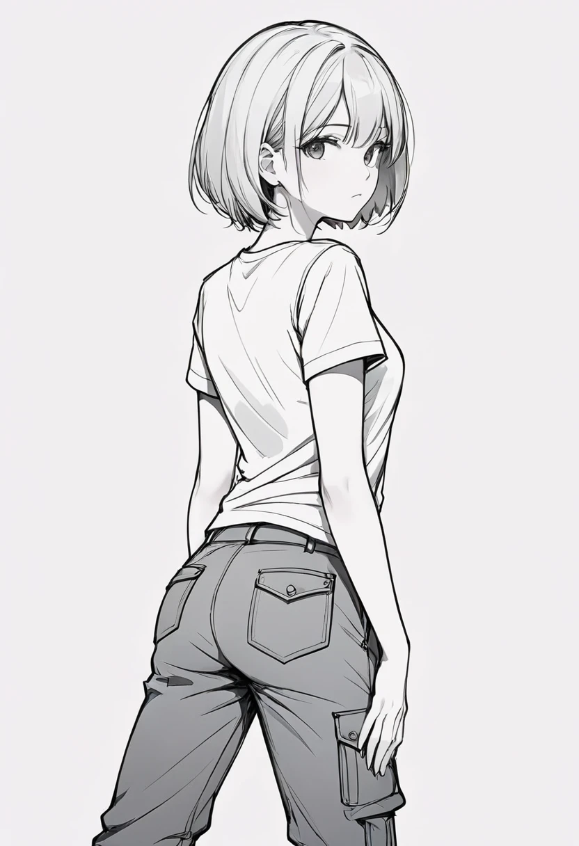 masterpiece, highest quality, High resolution / hire, Super detailed, shape, from before, cowboy shot, looking at the viewer, (1 female:1.2),straight short hair, cargo pants, T-shirt, ((simple white background)), closed mouth, looking back, white background, monochrome, line drawing, ((sketch)), middle chest,