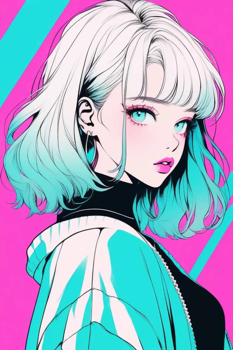 Illustrator, anime , Realistic ,sketch , 1 person, model, 20-year-old, lip, A revealing wrap dress, order, Blue gradient background, Neon Hair, look back, Sexy look, Texture Trim, Canadian, (masterpiece,Highest quality) Cancer