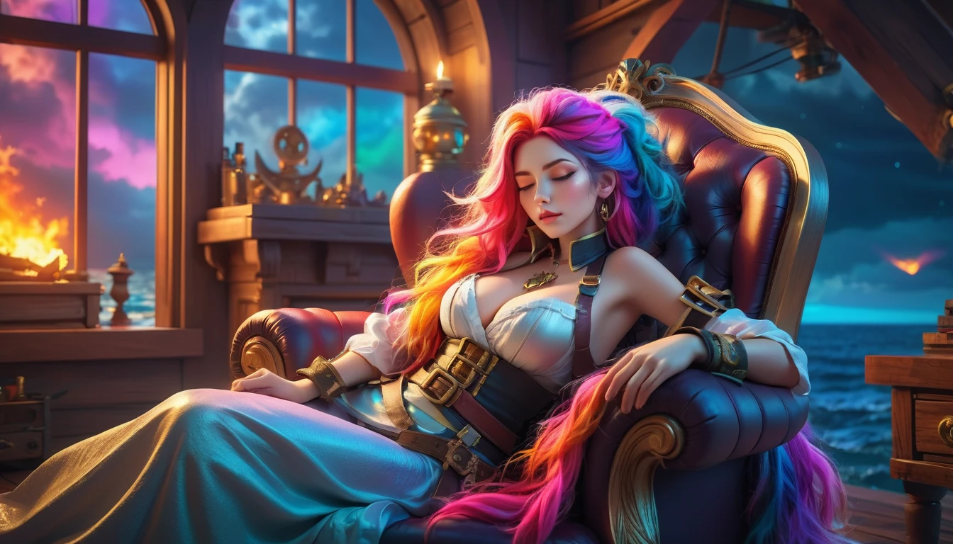 (best quality, 8k, very detailed: 1.2), (CG, CG art, 3D rendering), (masterpiece: 1.2), (film lighting, futuristic) (a beautiful women woman lying on chair, sleeping, eyes closed, big breast, wearing pirate costume and pirate hat), (ship bedroom, fireplace, big window behind her, sea background, storm night), (colorful hair: 1.5) full body shot