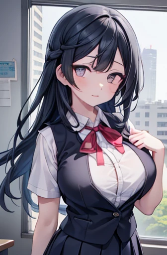 setunayuuki, Setsuna Yuuki, ( dark eyes:1.5),  Black Hair , Long Hair,  One side up, (medium breast:1.2), 
break armband, Blue vest, button, collared shirt, dress shirt, grey skirt, neck ribbon, nijigasaki academy  school uniform, Check pattern, Check pattern skirt, pleated skirt, red ribbon, ribbon,  school uniform, shirt,  SHORT SLEEVE, skirt,  summer uniform, vest, white shirt,
break looking at viewer, 
break indoors, classroom, 
break (masterpiece:1.2), Best Quality,  Hi-Res,  Unity 8K Wallpaper, (Illustration:0.8), ( beautiful detailed eyes :1.6),  Extremely Detailed Faces,  full light,  extremely detailed CG, (Perfect hands, perfect anatomy), Very Big Breasts、