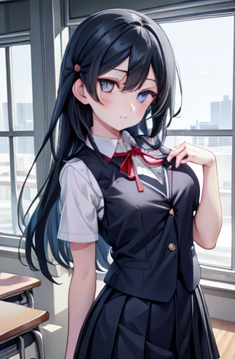 setunayuuki, Setsuna Yuuki, ( dark eyes:1.5),  Black Hair , Long Hair,  One side up, (medium breast:1.2), 
break armband, Blue vest, button, collared shirt, dress shirt, grey skirt, neck ribbon, nijigasaki academy  school uniform, Check pattern, Check pattern skirt, pleated skirt, red ribbon, ribbon,  school uniform, shirt,  SHORT SLEEVE, skirt,  summer uniform, vest, white shirt,
break looking at viewer, 
break indoors, classroom, 
break (masterpiece:1.2), Best Quality,  Hi-Res,  Unity 8K Wallpaper, (Illustration:0.8), ( beautiful detailed eyes :1.6),  Extremely Detailed Faces,  full light,  extremely detailed CG, (Perfect hands, perfect anatomy), Very Big Breasts、