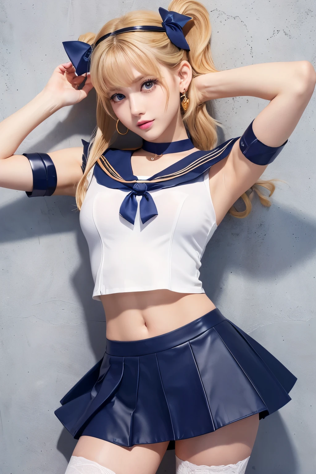 ((Sailor Moon costume: 8)) from Sailor Moon, Best Quality, Ultra High Resolution, Masterpiece, (Realisticity: 1.6), 16K, (1girl with open belly), (Big: 2, Thick thighs: 2), (Short blue skirt: 3, Long white blonde hair: 1.3, White stockings), random pose, white background