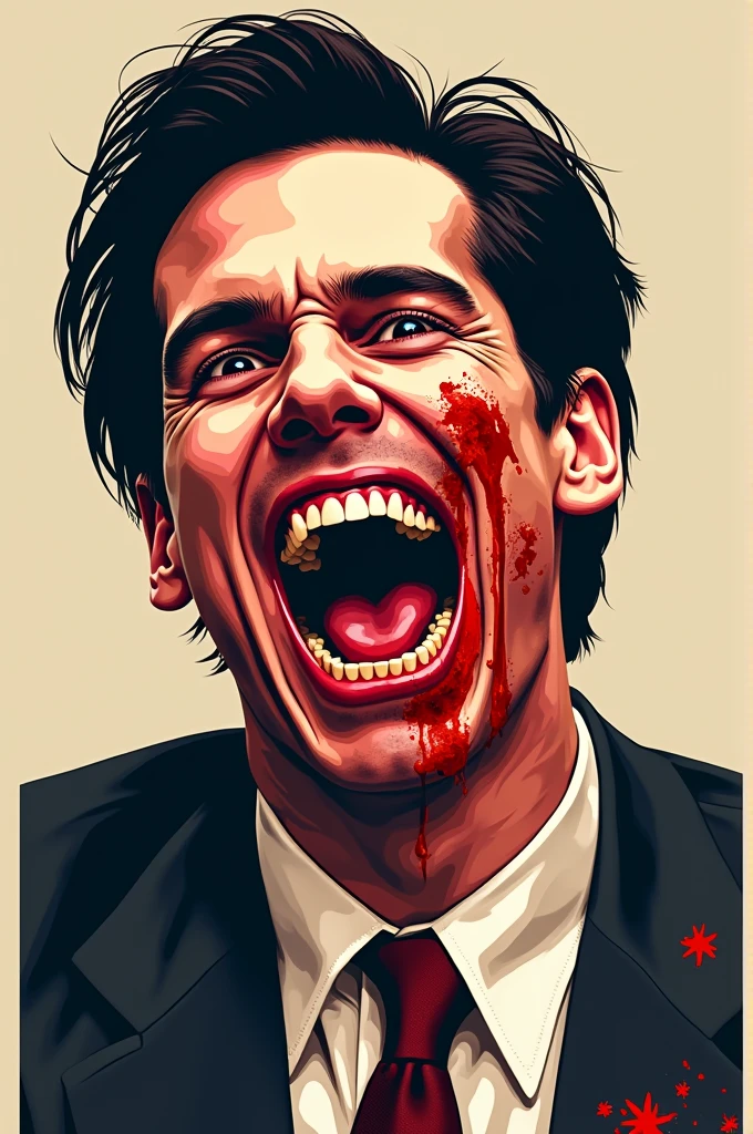 man with blood on his face and tie, Patrick Bateman), in American Psycho, American Psycho, Patrick Bateman, in American Psycho (1999), in American Psycho (1 9 9 9), the joker and Patrick Bateman, face of a psychopath, brutal clean bloody face, bloody face, Christian Bale as the joker, horror film, Christian Bale ,.(cartoon style).(colors ,white and black).(white background),(vector).(t-shirt design).
