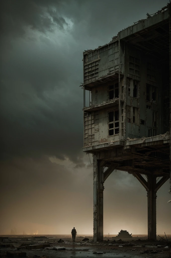 A sad and desolate landscape, a lone wanderer in a post-apocalyptic world, intricate mechanical structures, decaying ruins, dramatic lighting, muted color palette, atmospheric haze, sense of isolation and melancholy, highly detailed and photorealistic