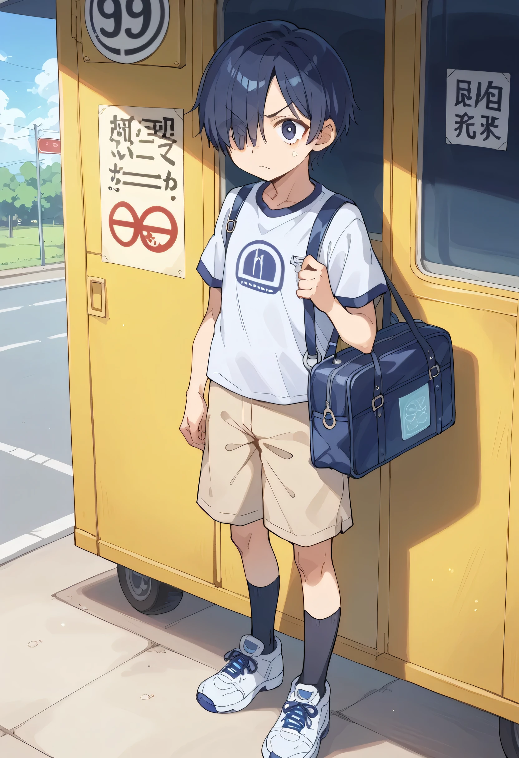  little  boy with blue Boston bag CutifiedAnimeCharacterDesign Variant - Type D  、Rin々Funny face、Handsome elementary school student 、 asymmetrical bangs   、Bangs that obliquely cover the right eye 、Standing and waiting for the bus 、Side Short Hair、 Blue short sleeve shirt、Beige shorts、Black socks、 blue and white sneakers with a handbag 、Carrying a blue Boston bag、  frustrated 、Displeased face、Bad mood、Bus stop background、 dark blue short hair   、  dark blue hair、、 濃い青色の目 dark blue hairHair over right eye、 、Front View、  