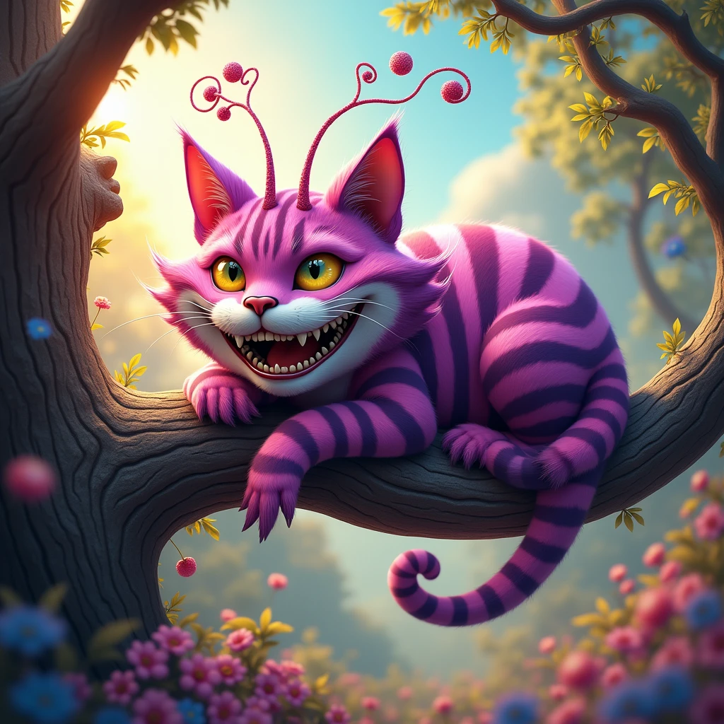  Get Inspired by Alice in Wonderland ,  Cheshire Cat from Alice in Wonderland Psychedelic , psychedelic style, Surrealism,  Cat with Big Head Smiles Teeth visible big human Clenched ,  Big Big Big Smile , Antennae ,  Different stripes on his coat Pink and dark Purple The tip of the tail is white,  Big Yellow Eyes with a Silky Pupil ,  Beautiful Little Ears ,  Soft Fur Chubby Cat ,  lies on a tree ,  sunny weather, bright colors, 8 k,  Complex Details , masterpiece,  Maximum quality ,  best quality ,