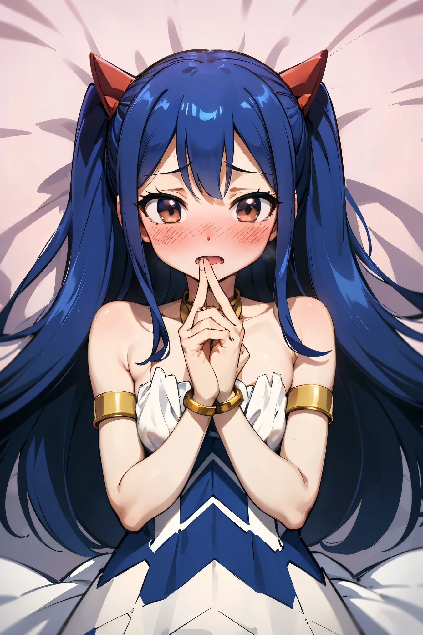 NSFW,masterpiece,Best Quality, Hi-Res, very detailed,Wendy\(Fairy Tail\), long hair、 twin tails、Hair accessories、Showing shoulders、 dress、ノースリーブ dress、Bracelet、 Bracelets,(Oho face:1.5),(Embarrassed:1.3),(blush:1.5),Night Inn ,Private room,( to have sex:1.5), lying down,Lying on your back, open crotches, raise your arms