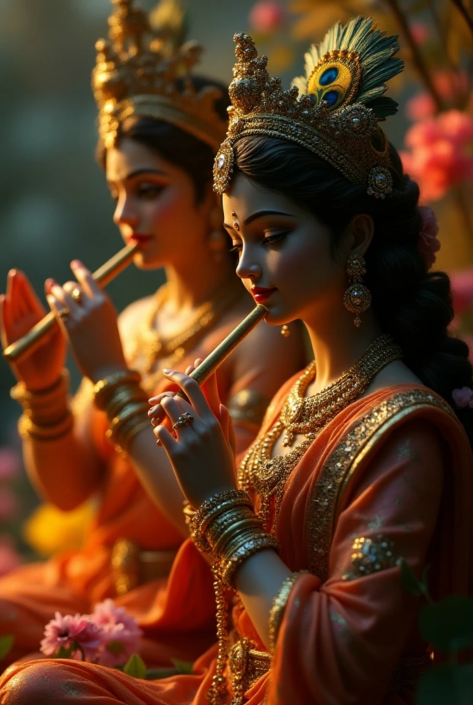 A beautiful wife worshipping lord Krishna's idol