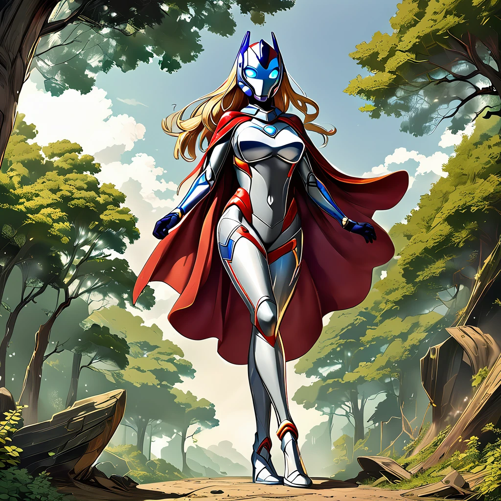 ( best quality)), ((masterpiece)),full body,A giant female superhero similar to Ultraman, with a metallic silver body and a face resembling a female-shaped iron mask. She has long, flowing golden hair. The background features a forest at her feet, emphasizing her immense size.
