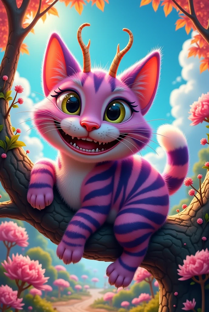  Get Inspired by Alice in Wonderland ,  Cheshire Cat from Alice in Wonderland Psychedelic , psychedelic style, Surrealism,  Cat with Big Head Smiles Teeth visible big human Clenched ,  Big Big Big Smile , Antennae ,  Different stripes on his coat Pink and dark Purple The tip of the tail is white,  Big Yellow Eyes with a Silky Pupil ,  Beautiful Little Ears ,  Soft Fur Chubby Cat ,  lies on a tree ,  sunny weather, bright colors, 8 k,  Complex Details , masterpiece,  Maximum quality ,  best quality ,