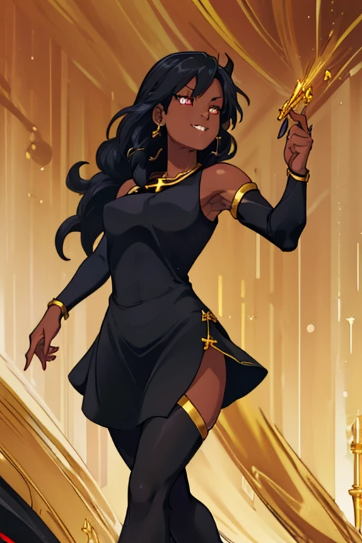 female, black long hair, red eyes, dark skin, (((1girl))), (((black sleeveless dress with gold trim))), (black detached sleeves), (gold necklace with ruby pendant), (gold heels), cute and sexy, full body, big breasts, long legs, smiling