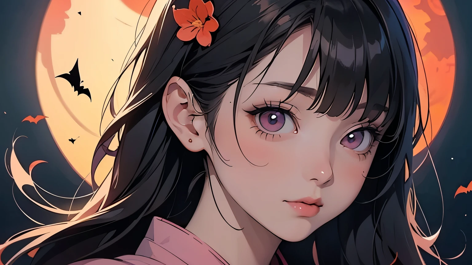 best quality, Red moonlit night,Horror, Big Bat Zombie Makeup , Halloween, jack-o-lantern, pumpkin、Close-up of a manga girl wearing a pink kimono and with flowers in her hair,Bob,calligraphy,Bangs down,  cute realistic portrait waving at the window, Cute anime face, Sayori, KyoAni, IG Studios Anime Style,  anime memo art style ,  High Quality Anime Art Style ,  CUTE ANIME FACE , shikamimi,  young and adorable Korean face , Chihiro! fujisaki, Pin on anime,  anime style portrait 