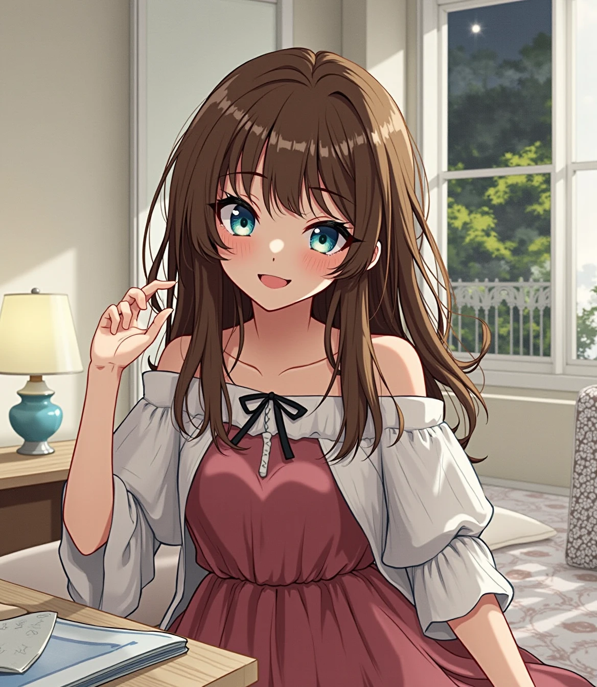 masterpiece, 1girl, highres, kinomoto_sakura, green eyes, face focus, wearing (simple white silk dress:1), smiling, looking at viewer, petite
BREAK
(midnight:1), starry sky, darkness, moody lighting, in the living room
BREAK
realistic lighting, very detailed, full of detail