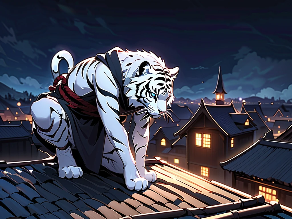  Laxas Drea, furry white tiger,Little boy,  wearing a black ninja costume ,Ninja Armor , Wearing a hood,,Masked, Hand Rope , Dark Medieval Village Night in the Dark(landscape、On the roof:1.3),squatting on the roof,bend over, ,  crouching on one knee (( Shadow inside )), .Half-side body full view,Single-arm railing wall ,