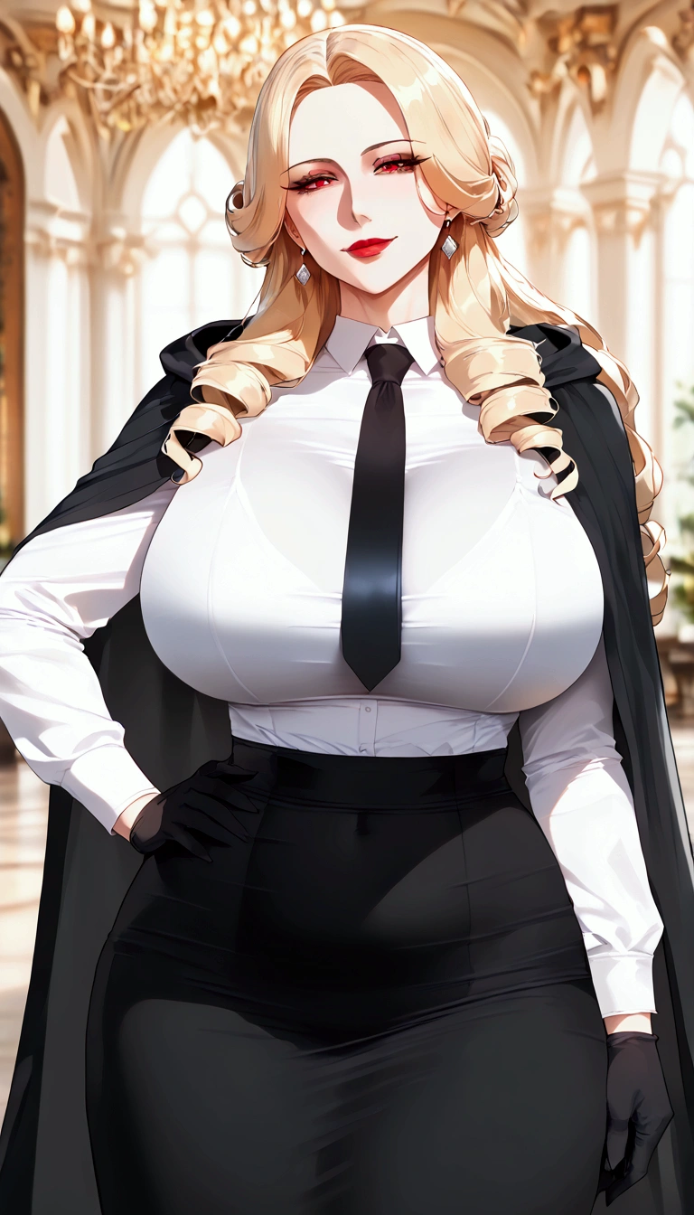 ((masterpiece, best quality, ultra-detailed, 8k:1.3)), 1girl, drill hair, blonde hair, hair accessories, red eyes, thick red lips, ((long white shirt, black long skirt, black vest, black tie, black cloak:1.3)), ((adult woman, mature woman, older woman, milf:1.3)), ((perfect body proportions, beautiful body, aesthetic body, perfect anatomy:1.3)), (closed clothing:1.2), long black gloves, office, mole under eye, seductive smile, ((huge breasts:1.3))