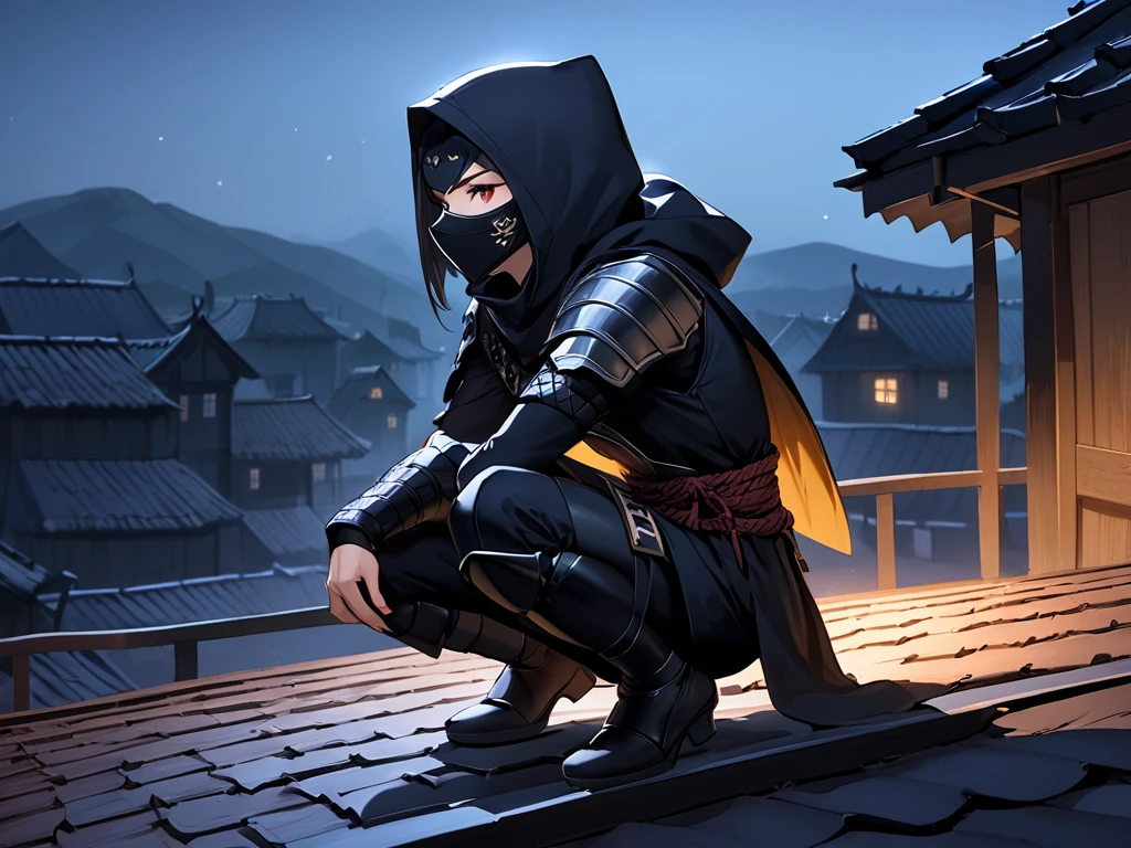  Laxas Drea,  wearing a black ninja costume ,Ninja Armor , Wearing a hood,,Masked, Hand Rope , Dark Medieval Village Night in the Dark(landscape、On the roof:1.3),squatting on the roof,bend over, ,  crouching on one knee (( Shadow inside )), .Half-side body full view,Single-arm railing wall ,