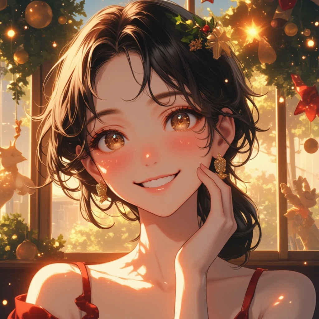 (Masterpiece, high quality, high definition, 4K, 8k, detail）、Christmas date , a girl （ cute face、 beautiful eyes、 brown hair、A great smile、Christmas earrings ）、look at me, CG Integrated Wallpaper (Christmas design), gritting