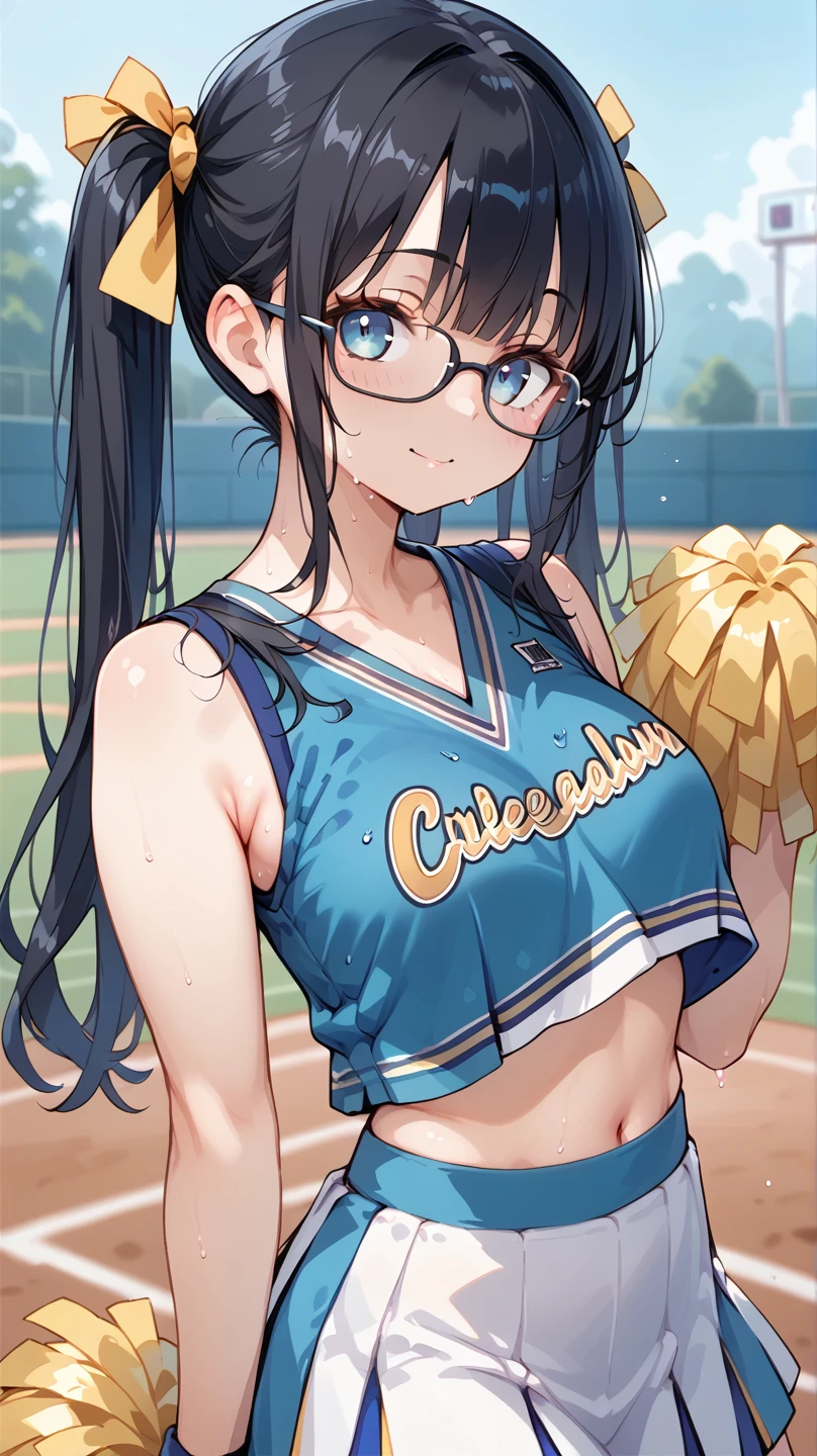 Black Hair, long hair,Pigtails,Glasses, cheerleader, cheerleading,Sweaty,Baseball Ground