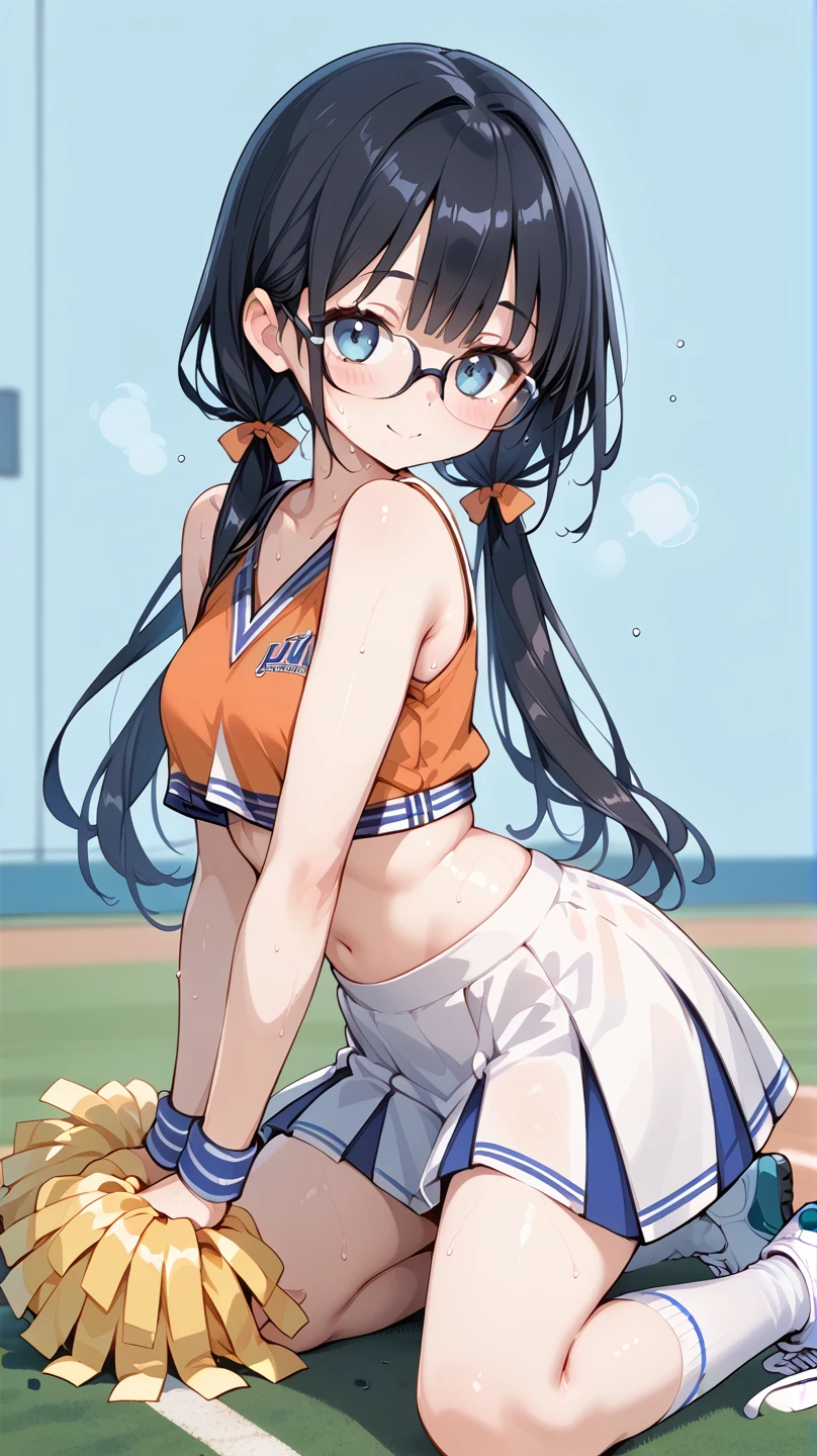 Black Hair, long hair,Pigtails,Glasses, cheerleader, cheerleading,Sweaty,Baseball Ground