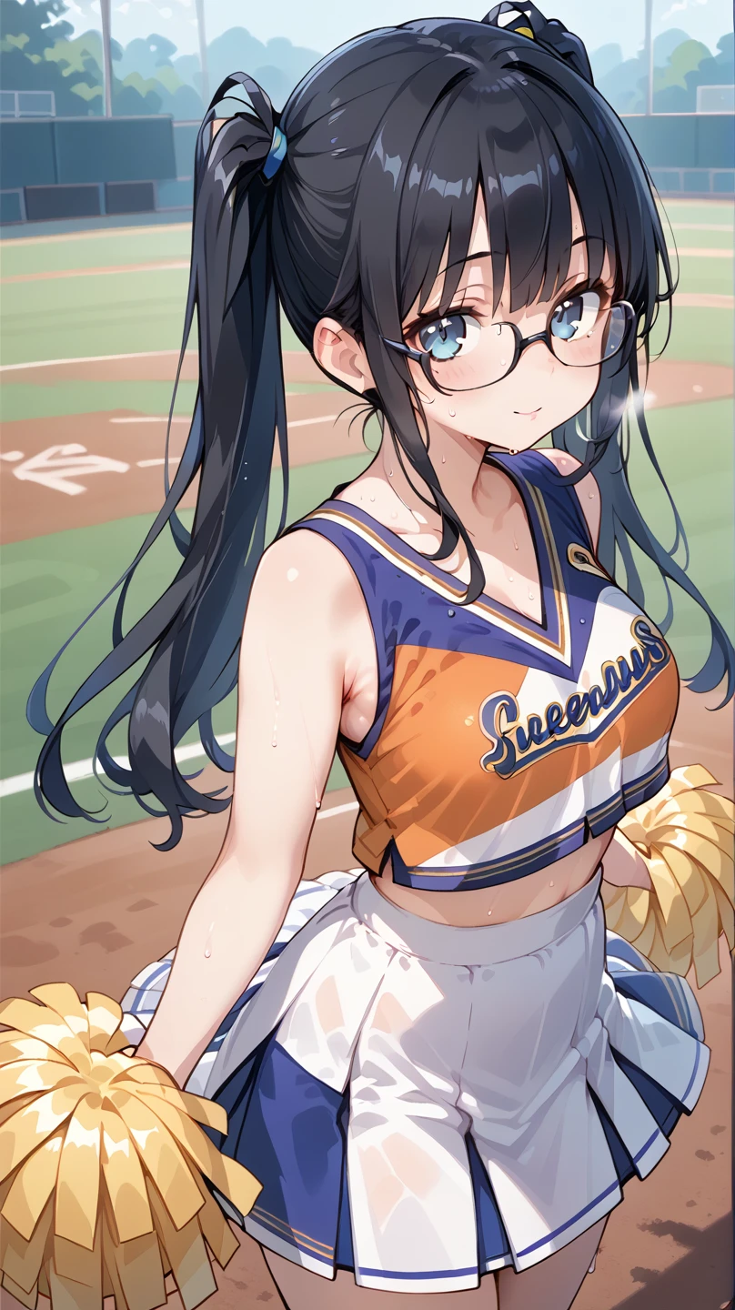 Black Hair, long hair,Pigtails,Glasses, cheerleader, cheerleading,Sweaty,Baseball Ground