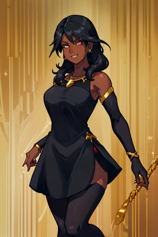 female, black long hair, red eyes, dark skin, (((1girl))), (((black sleeveless knee length dress with gold trim))), (black detached sleeves), (gold necklace with ruby pendant), (black and gold heels), cute and sexy, full body, big breasts, long legs, smiling