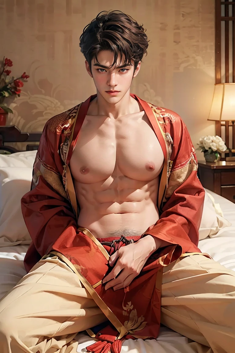 male, 1, big butt, big breast , wearing a crown, filler-lips , short black male style hair, wear a sexy Chinese clothes, show off his huge breast, sitting on a chair, luxury
