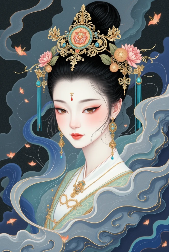 A painting：cloudfog包围着一个美丽的女人的肖像, Chang&#39;e， beautiful face，cloudfog缠绕， high bun，Gorgeous Tiara ，Chinese ancient style，Female Bodhisattva，(((cloud，fog)))，Chinese fairy，，Guanyin，Thangka painting，A beautiful digital illustration, Beautiful character painting,  Beautiful Digital Artwork , Chinese Fantasy, fine lines，Gold painted 
