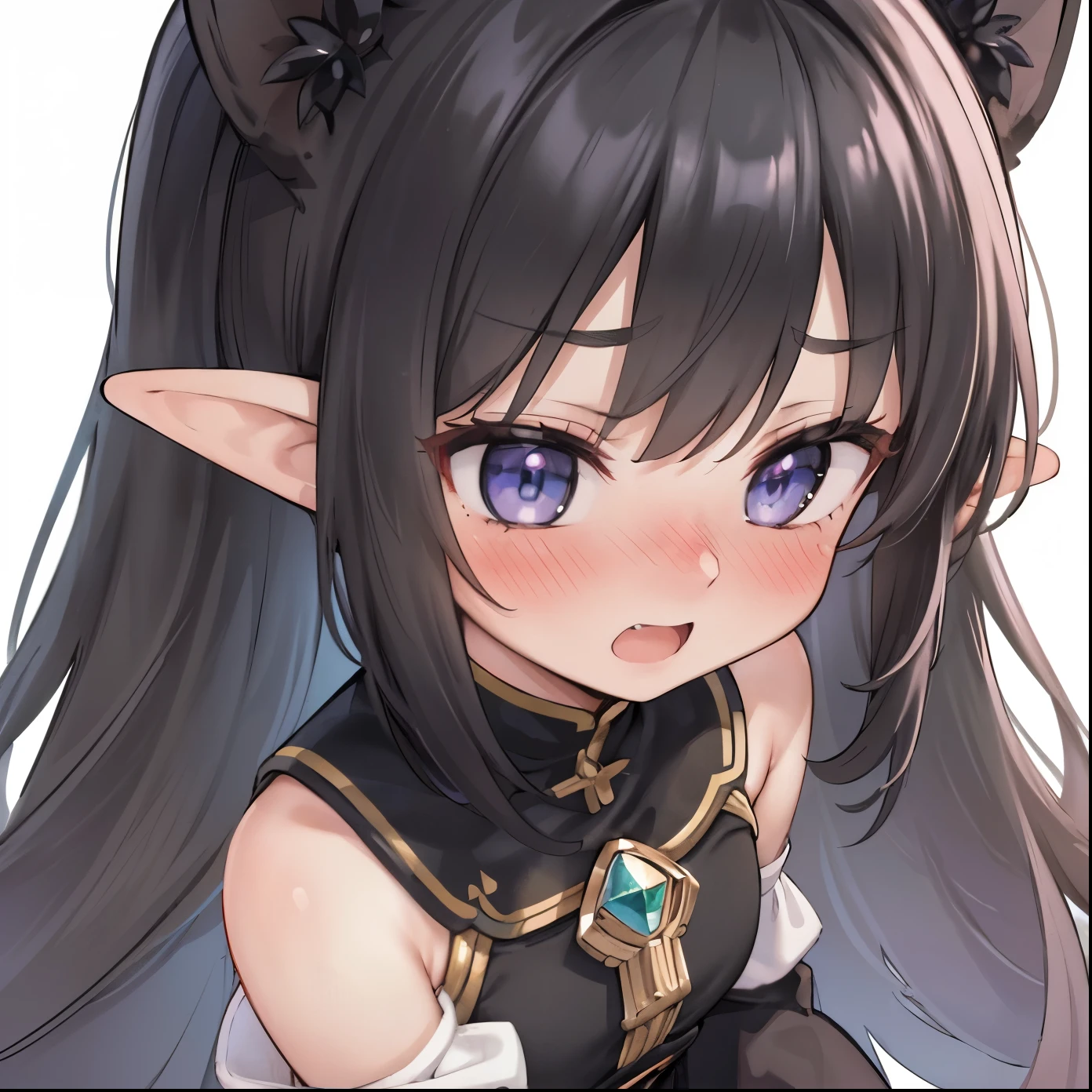 8K,(masterpiece),high resolution,best quality,(ultra-detailed),ultra detailed eyes,girl is elf,(black color hair:1.1),(inner hair color is white:1.5),BREAK,(light smile,earth eyes,long hair,elf ear,fair skin),(wear fantasy wide sleeves,short pants:1.2),(blush,embarrassed,aroused:1.4),(from front,focus face,white background),open mouth
