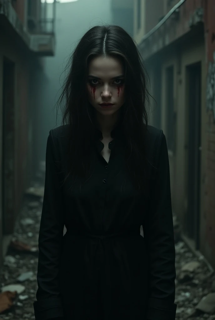  long hair and in the background the symbol of the Umbrella Corps Resident Evil 