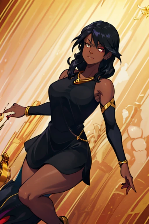 female, black long hair, red eyes, dark skin, (((1girl))), (((black sleeveless knee length dress with gold trim))), (black detached sleeves), (gold necklace with ruby pendant), (black and gold heels), cute and sexy, full body, big breasts, long legs, smiling