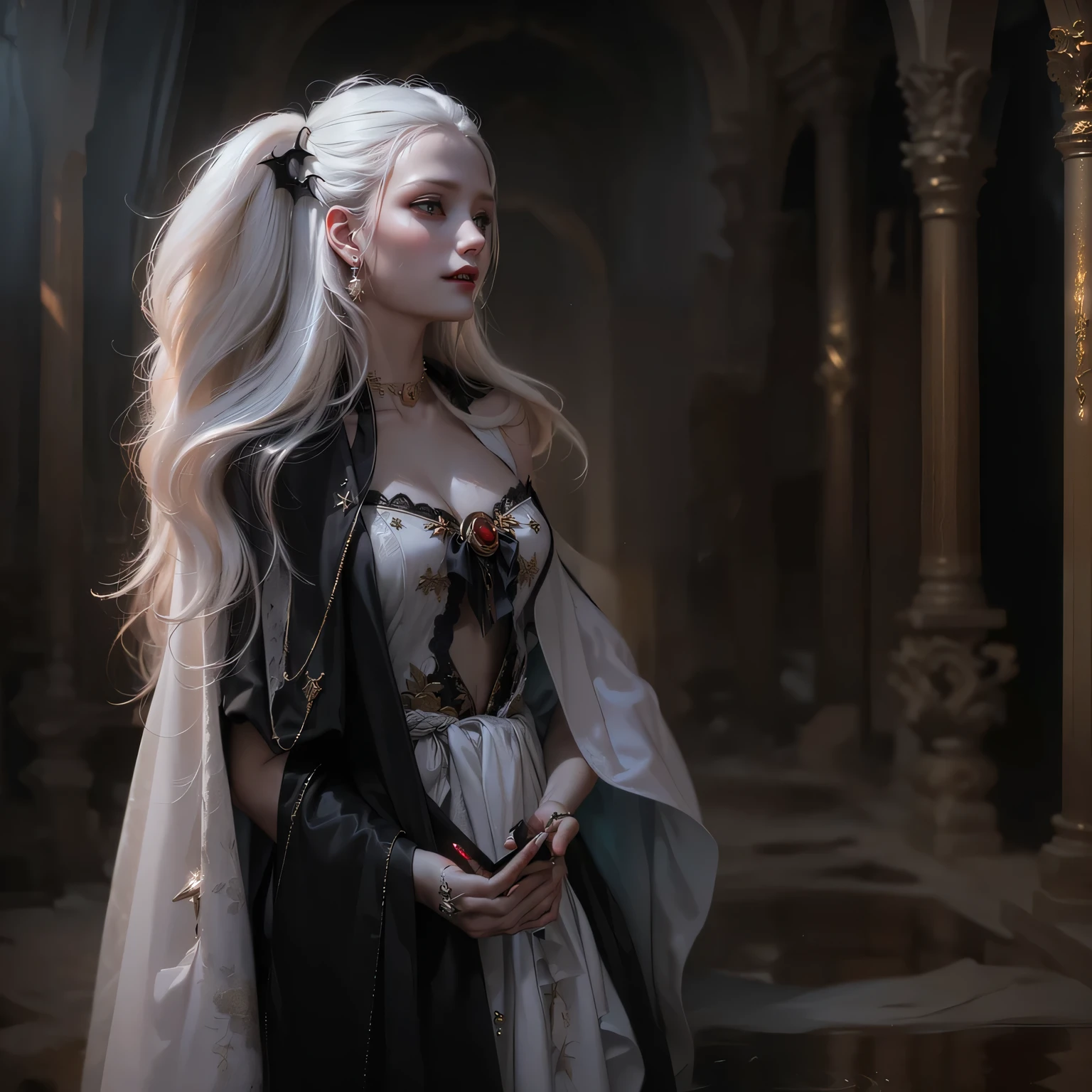 sorceress, very pale, emaciated, folle, assise sur un cercueil, crossing legs, Robe noire