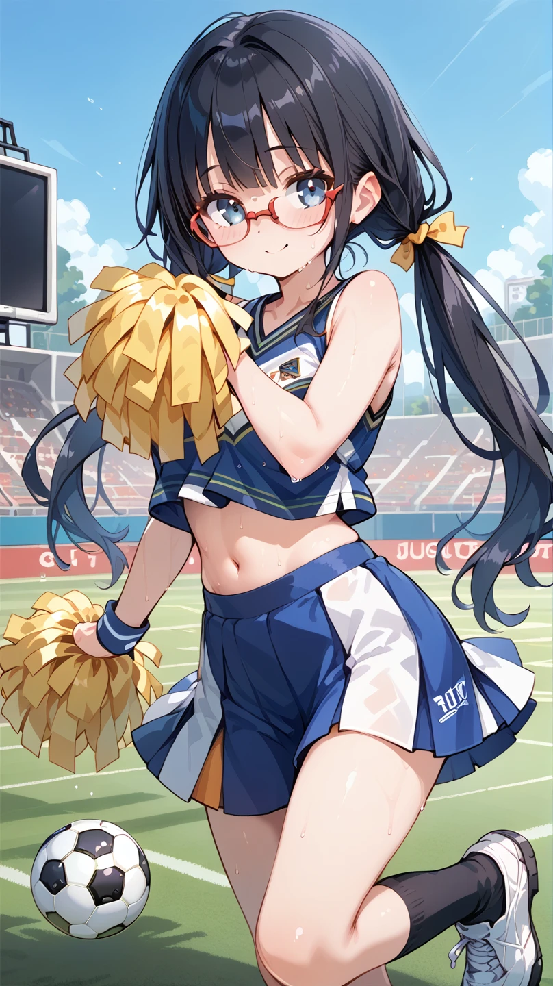 Black Hair, long hair,Pigtails,Glasses, cheerleader, cheerleading,Sweaty,Soccer ground